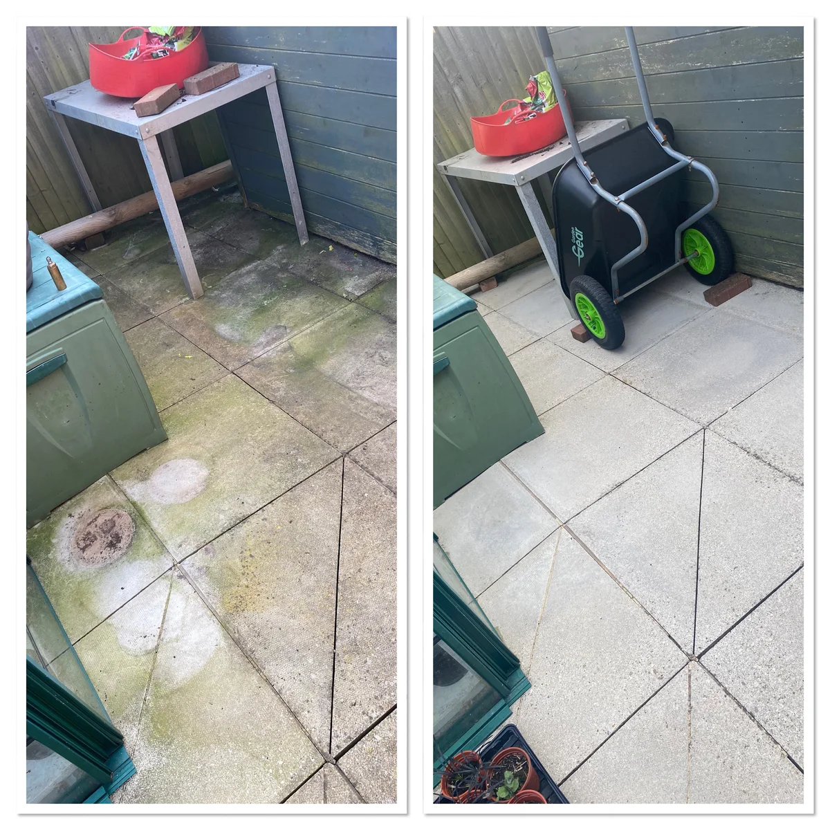 A small paved area before and after pressure washing