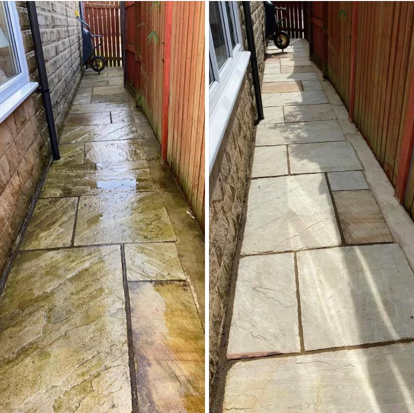 Side-by-side photographs of a paved side path before and after cleaning