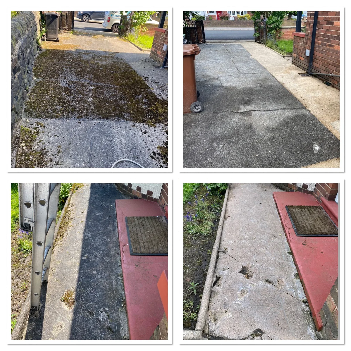 Four photographs comparing a driveway and front path before and after cleaning