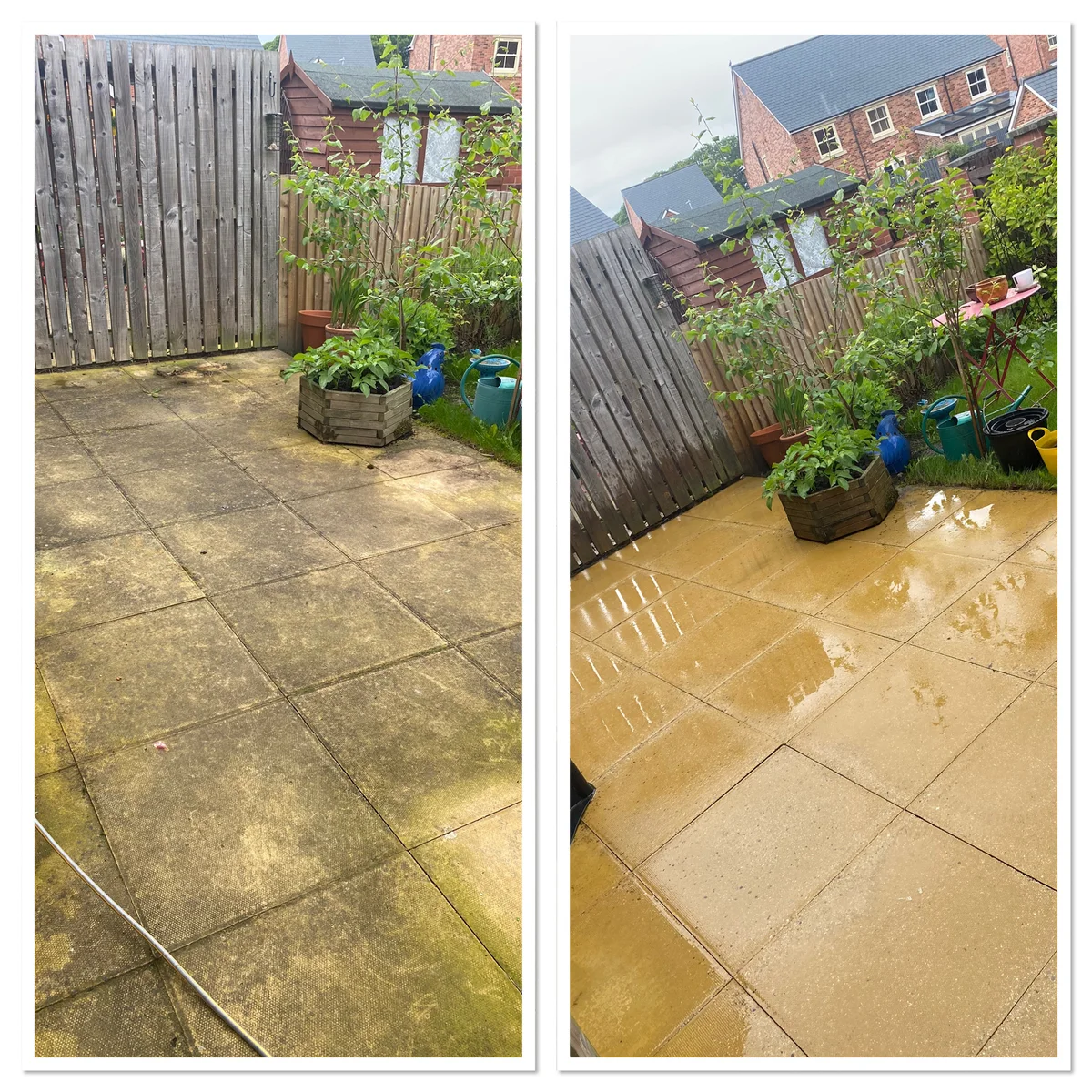 Garden paving shown before and after pressure washing