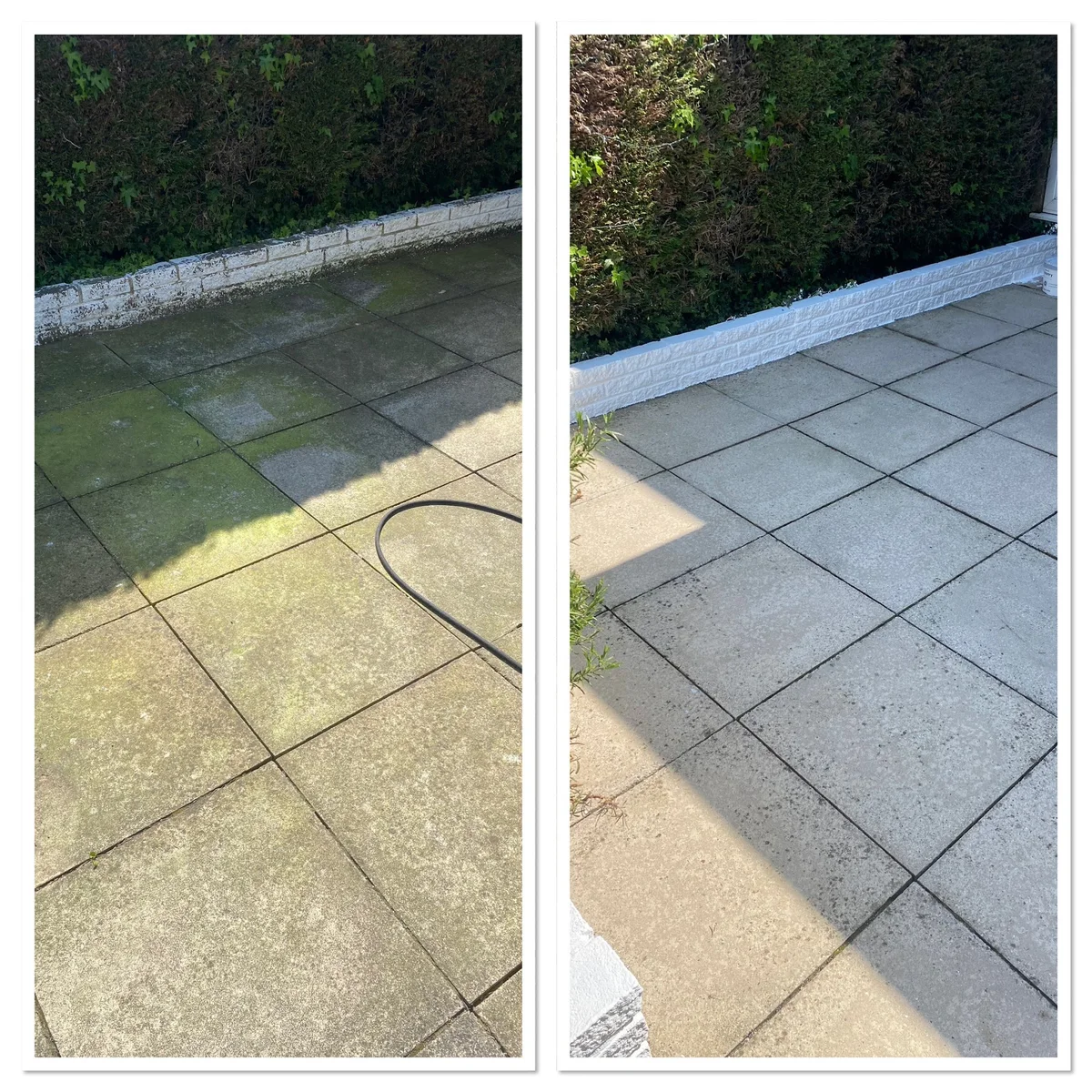 Paved terrace with green surface growth before cleaning and clear paving afterwards